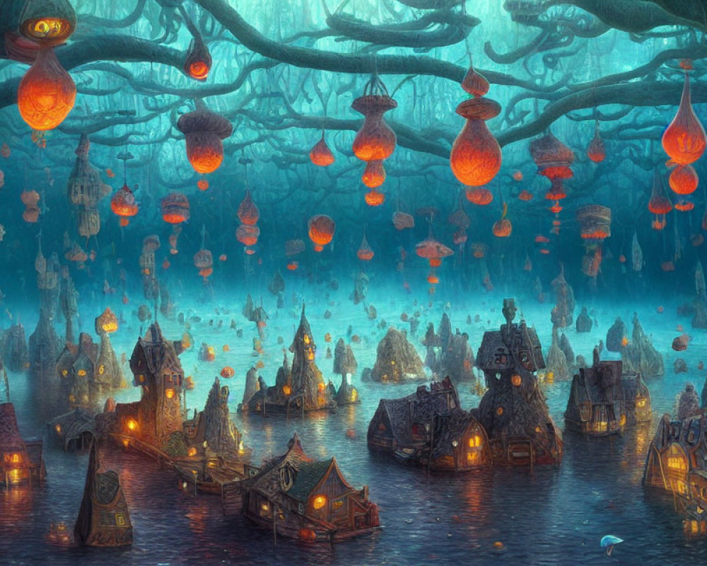 Ethereal fantasy scene: illuminated jellyfish-like lanterns over tranquil lake