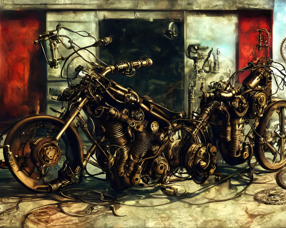 Detailed Steampunk-Style Motorcycle with Gears and Mechanical Parts Displayed in Front of Window