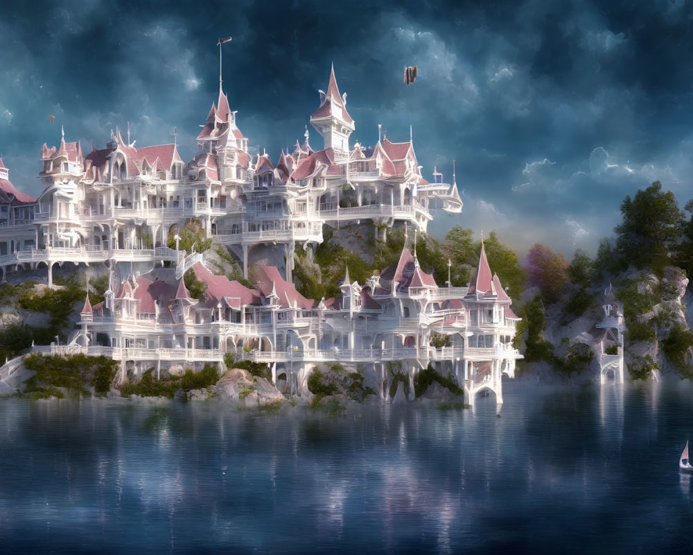Majestic multi-tiered fantasy castle reflecting on calm lake in serene landscape