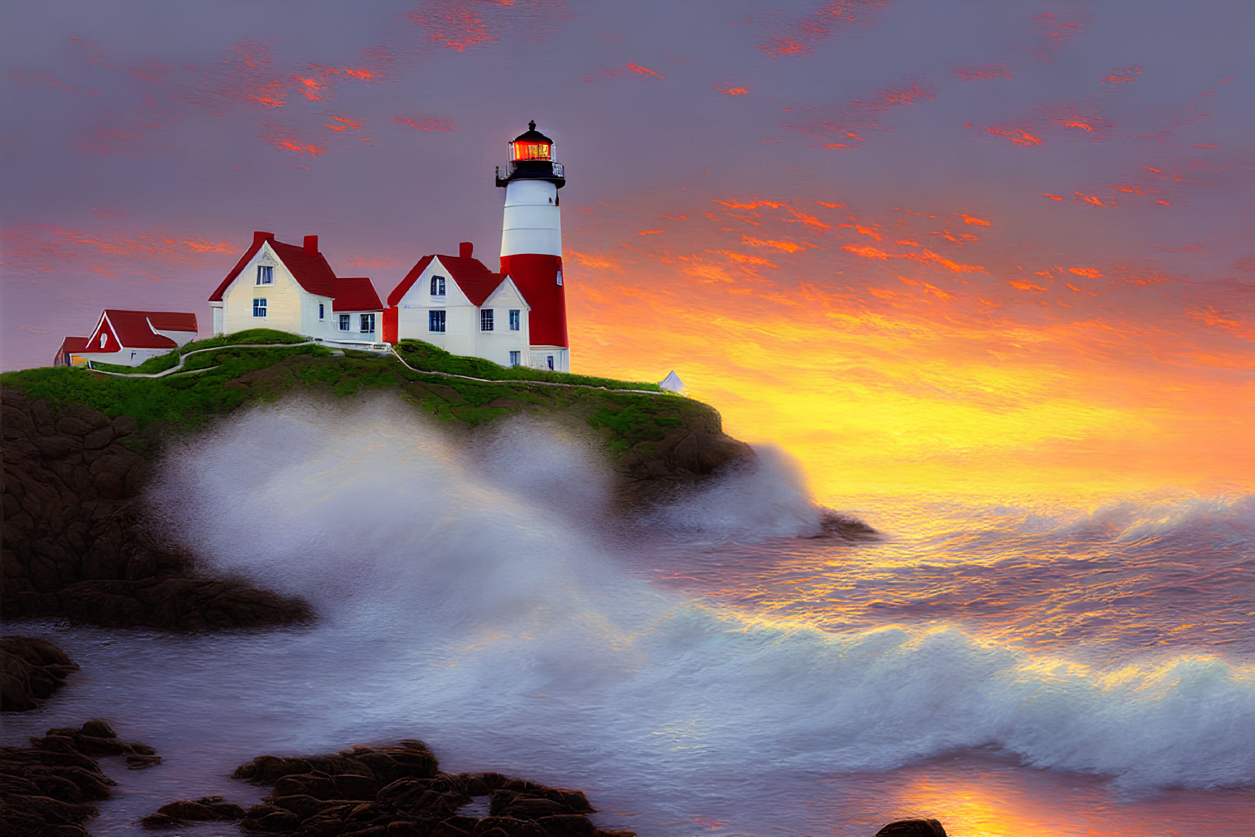 Scenic lighthouse on cliff at sunset with crashing waves