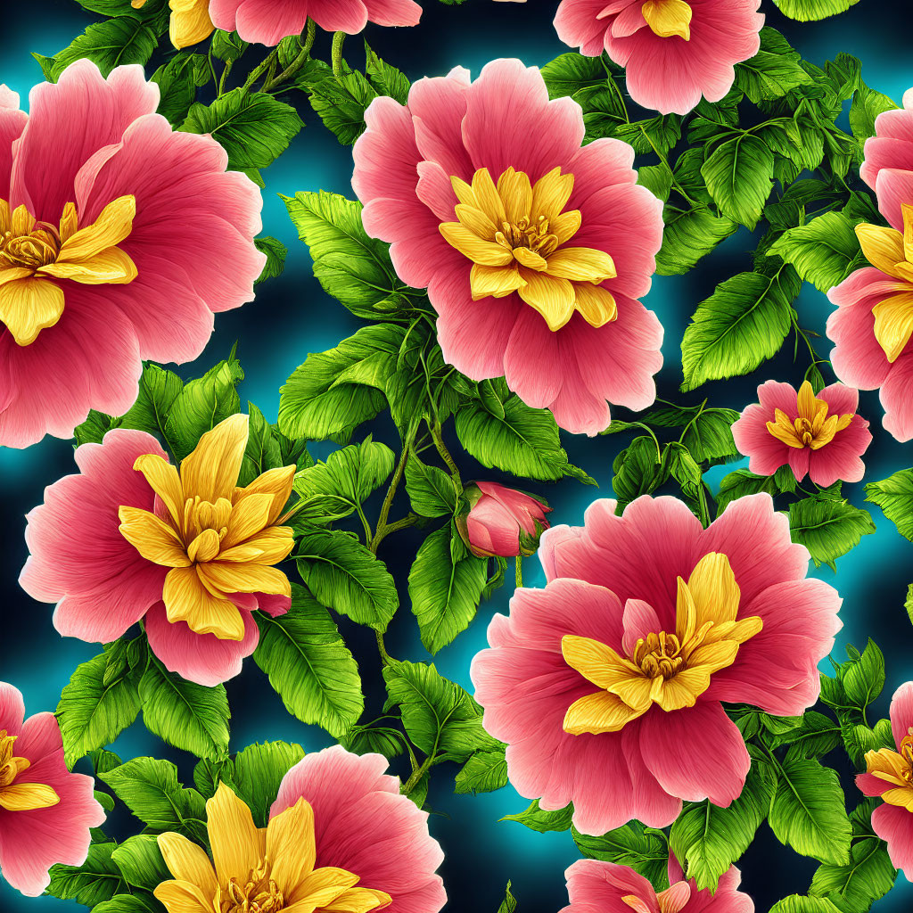 Floral Pattern with Pink Peony Flowers on Dark Teal Background