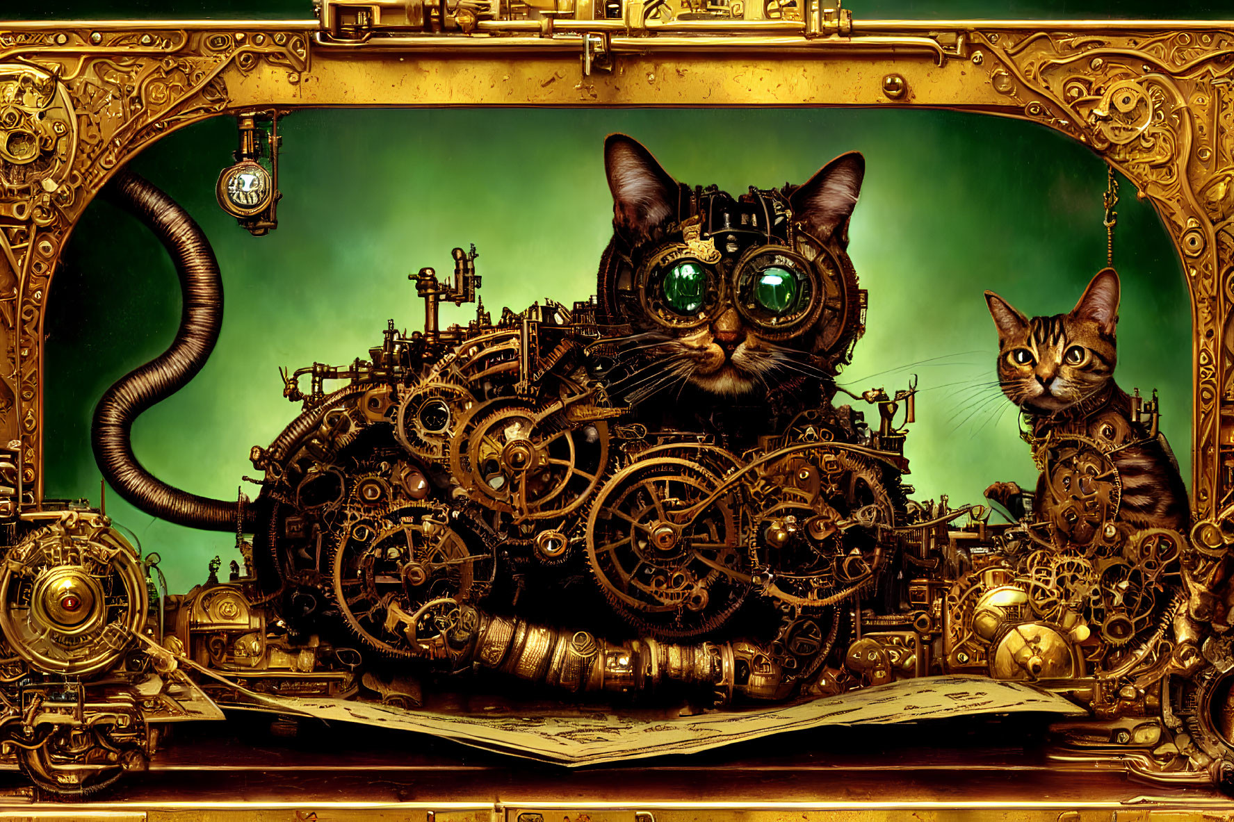 Steampunk-style illustration of two cats in mechanical bodies in vintage frame with gears and cogs.