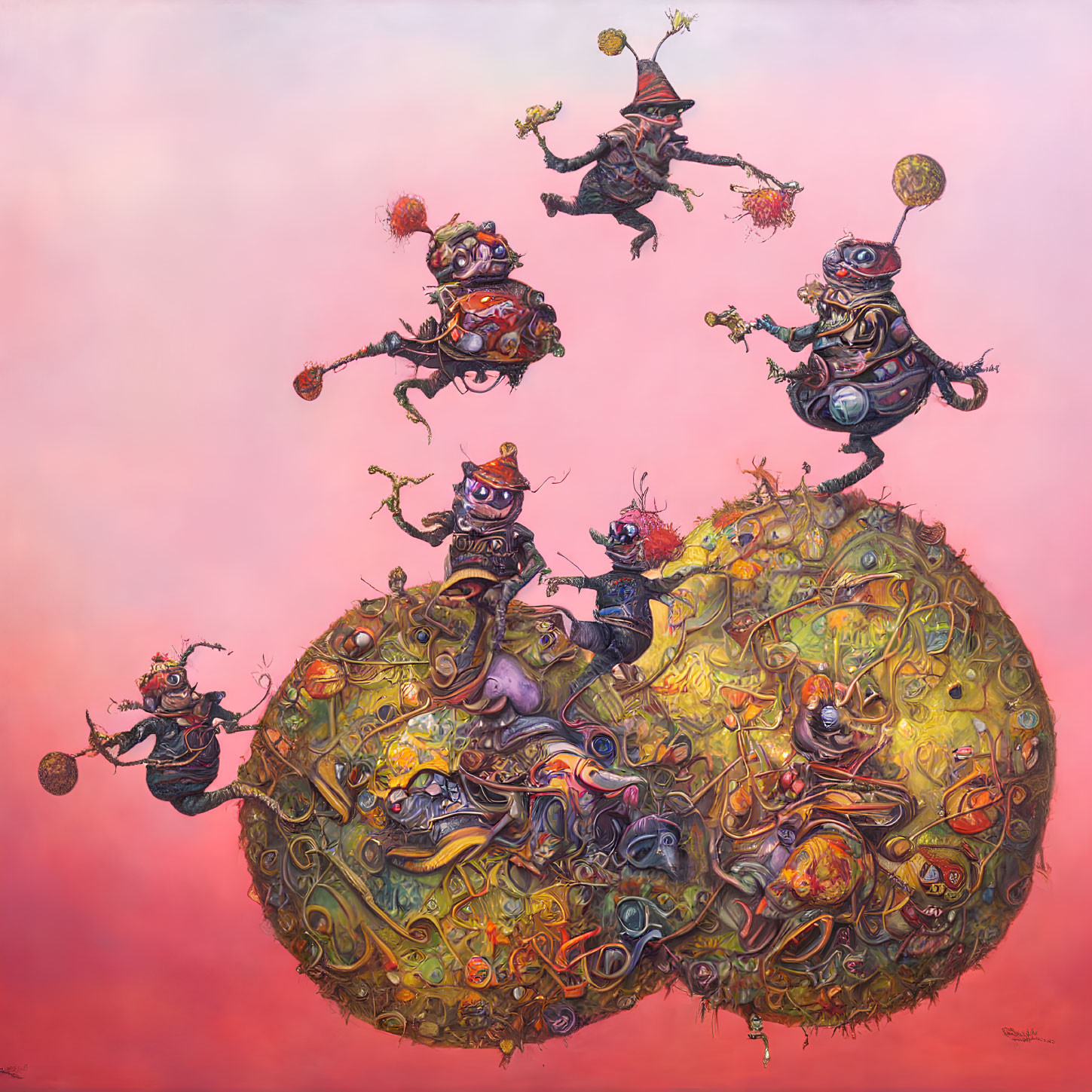 Whimsical surreal artwork: mechanical creatures on floating islands