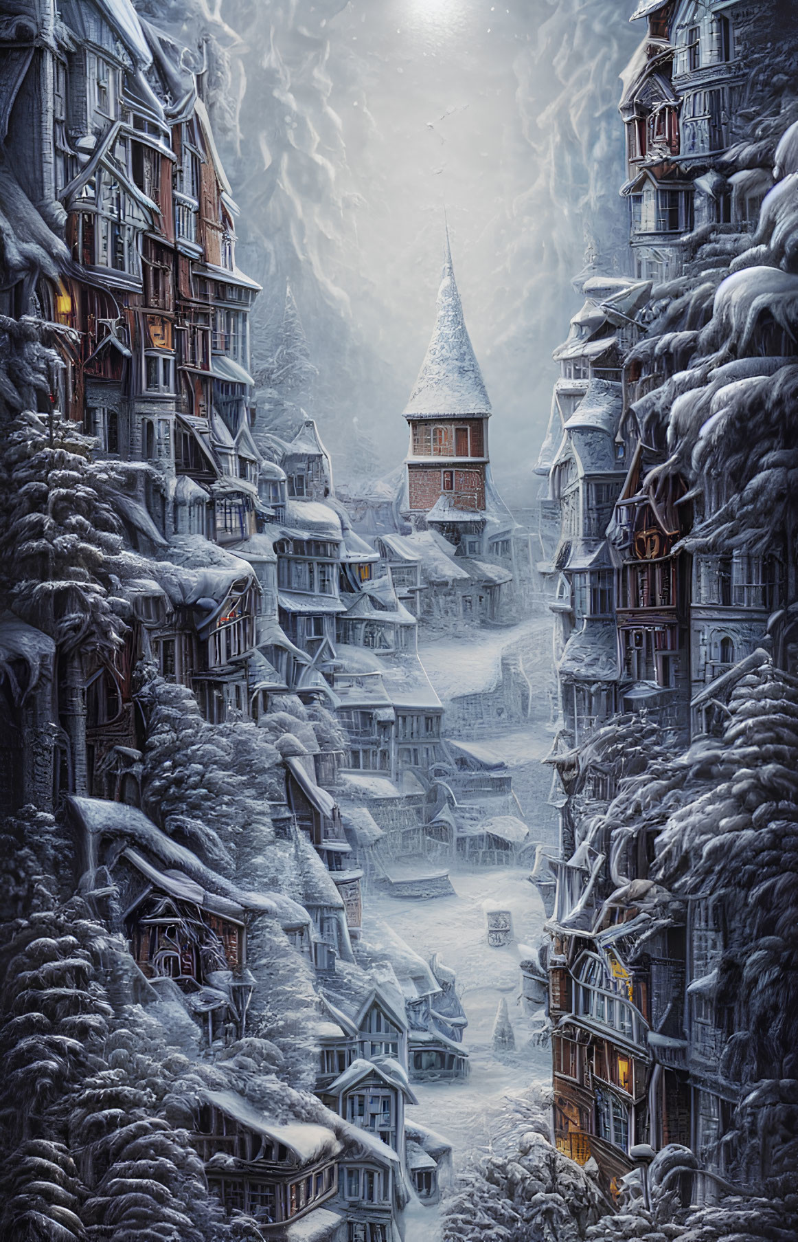 Snowy fantasy village with towering houses and clock tower under winter sky