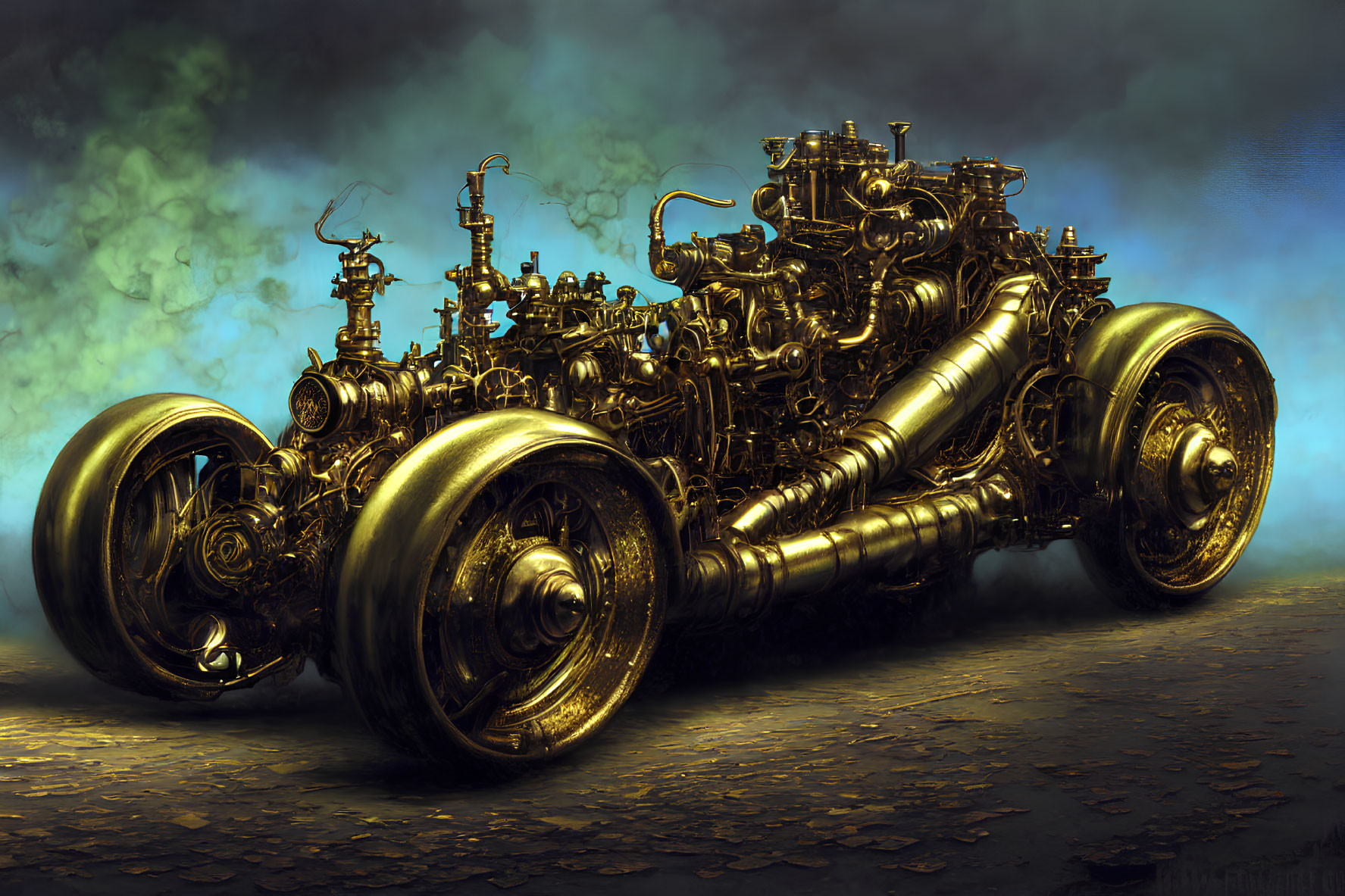 Steampunk-inspired vehicle with gears and pipes on cobblestone surface