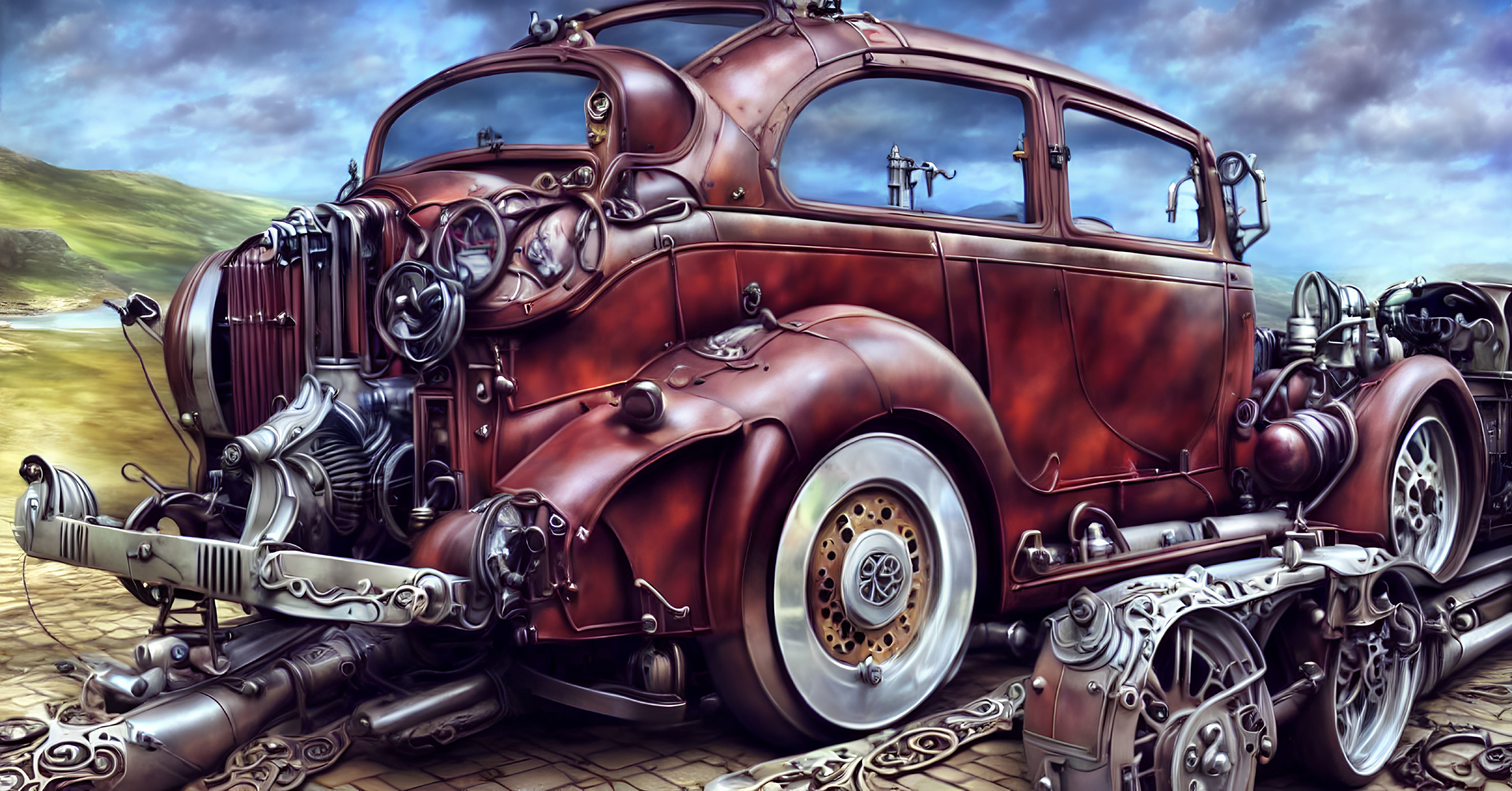 Red Vintage Car with Steampunk Aesthetic on Cloudy Background