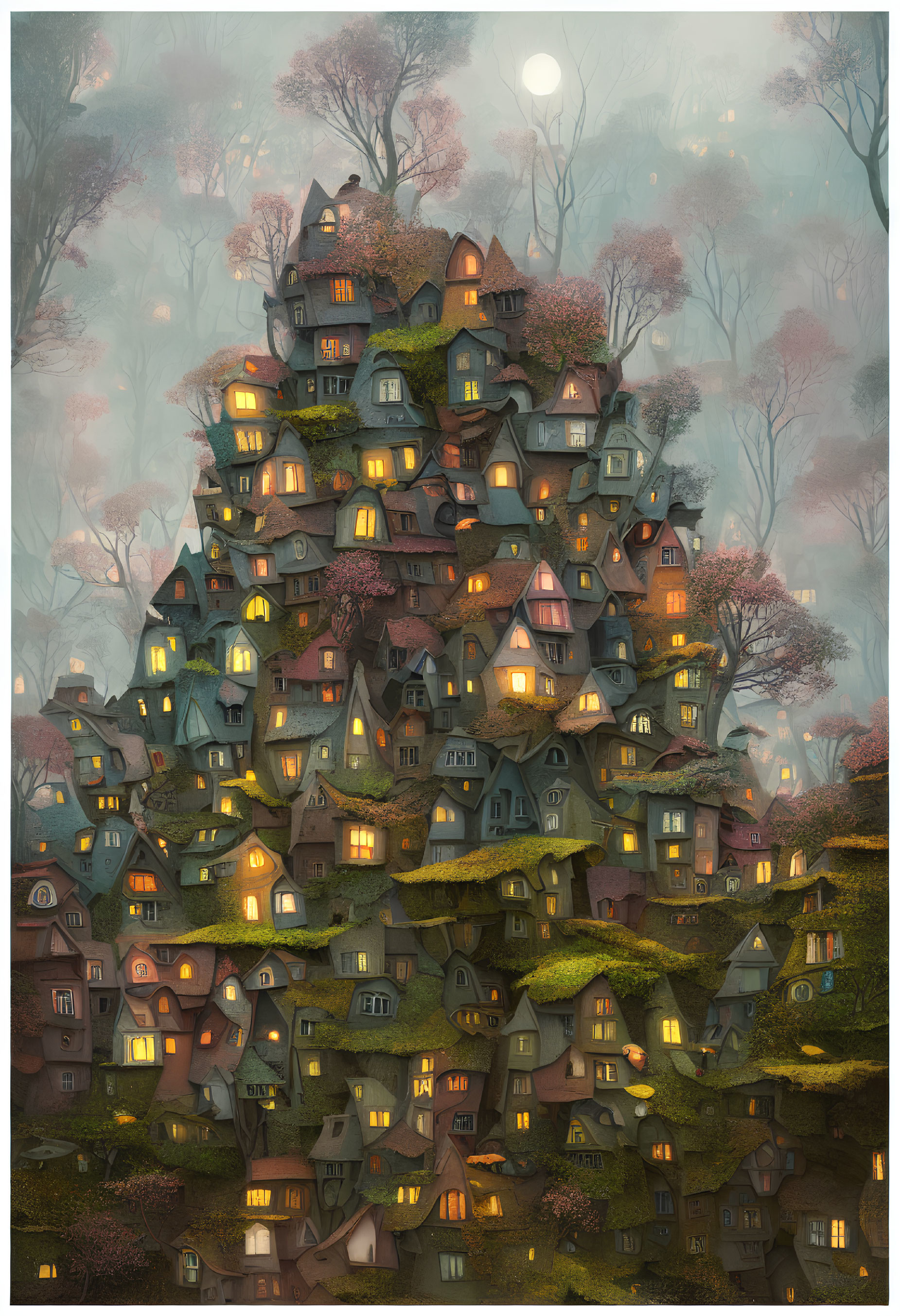 Illustration of Quirky Houses in Mystical Forest at Twilight