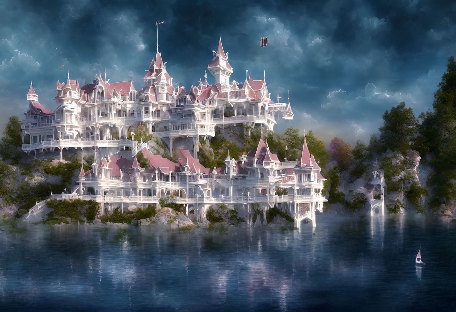 Majestic multi-tiered fantasy castle reflecting on calm lake in serene landscape