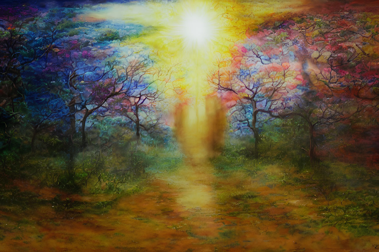 Colorful Forest Painting with Bright Light and Mystical Pathway