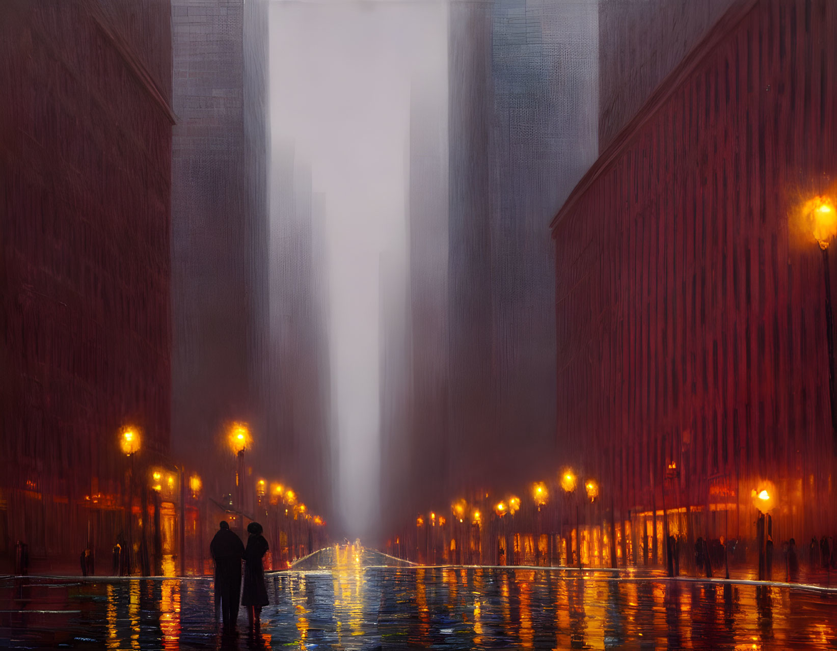 Couple standing on wet street amid tall buildings and streetlights under hazy, foggy sky