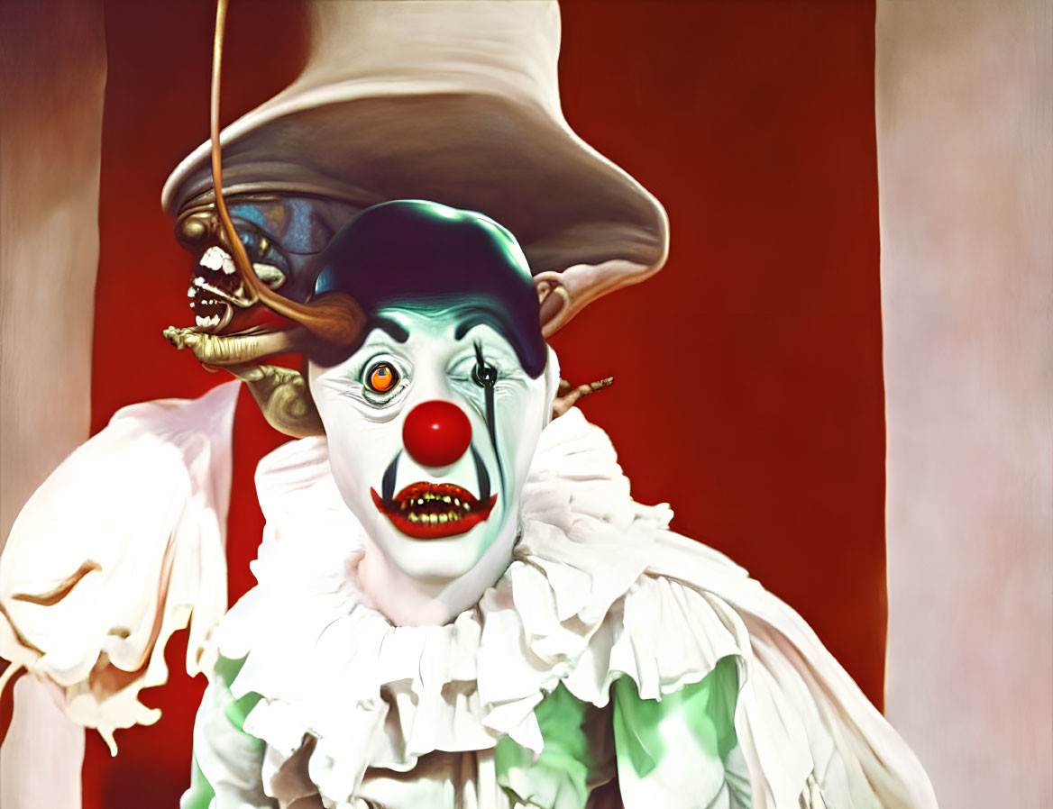 Menacing clown with green face paint, red nose, sharp teeth, and ruffled collar.