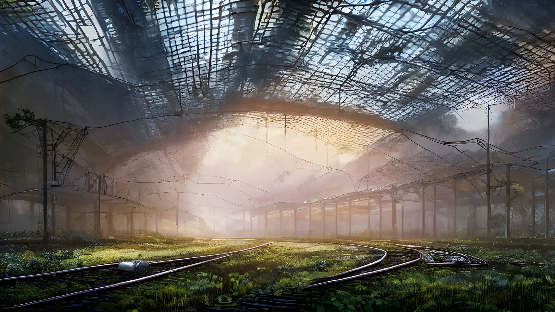 Overgrown abandoned railway station with dilapidated glass roof and distant tracks.