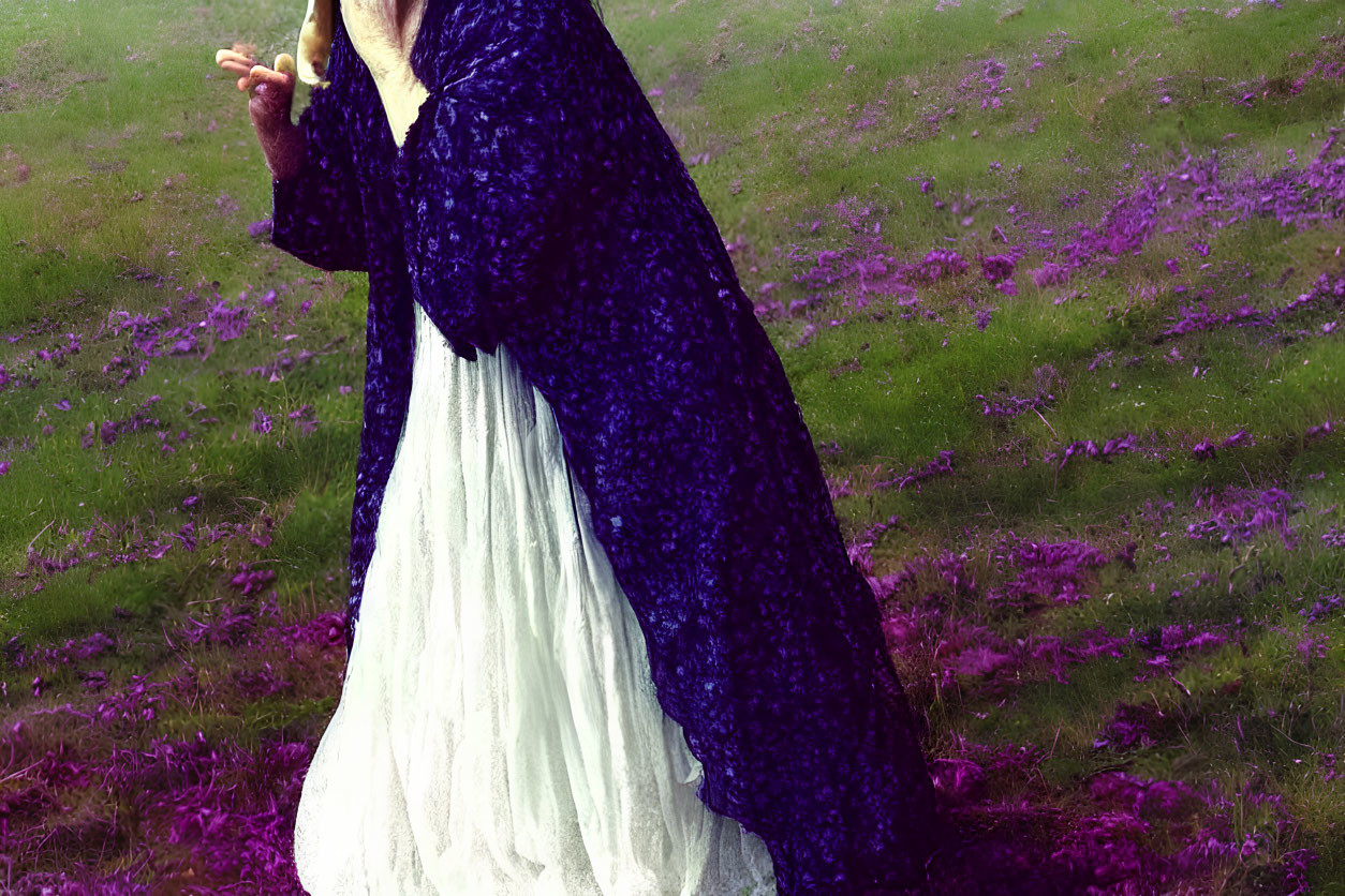 Figure in White Dress and Blue Cloak with Object in Purple Flower Field