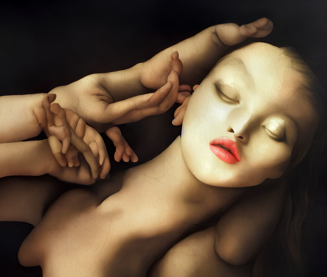Surreal painting of woman with closed eyes and red lips touched by disembodied hands