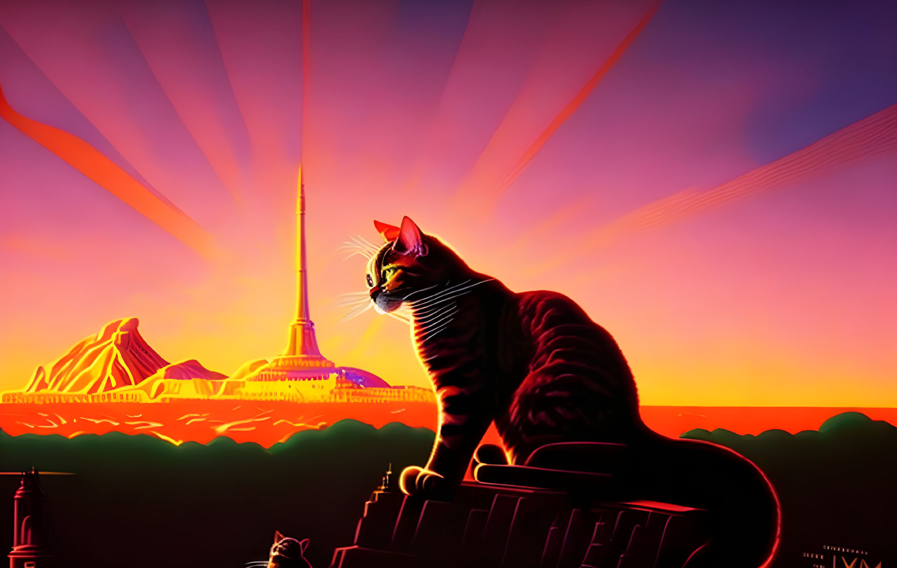Stylized cat on ledge with retro-futuristic city skyline at sunset