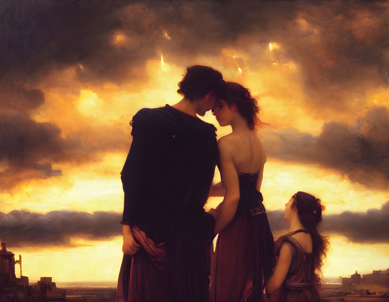 Three people in classical attire against dramatic sunset sky
