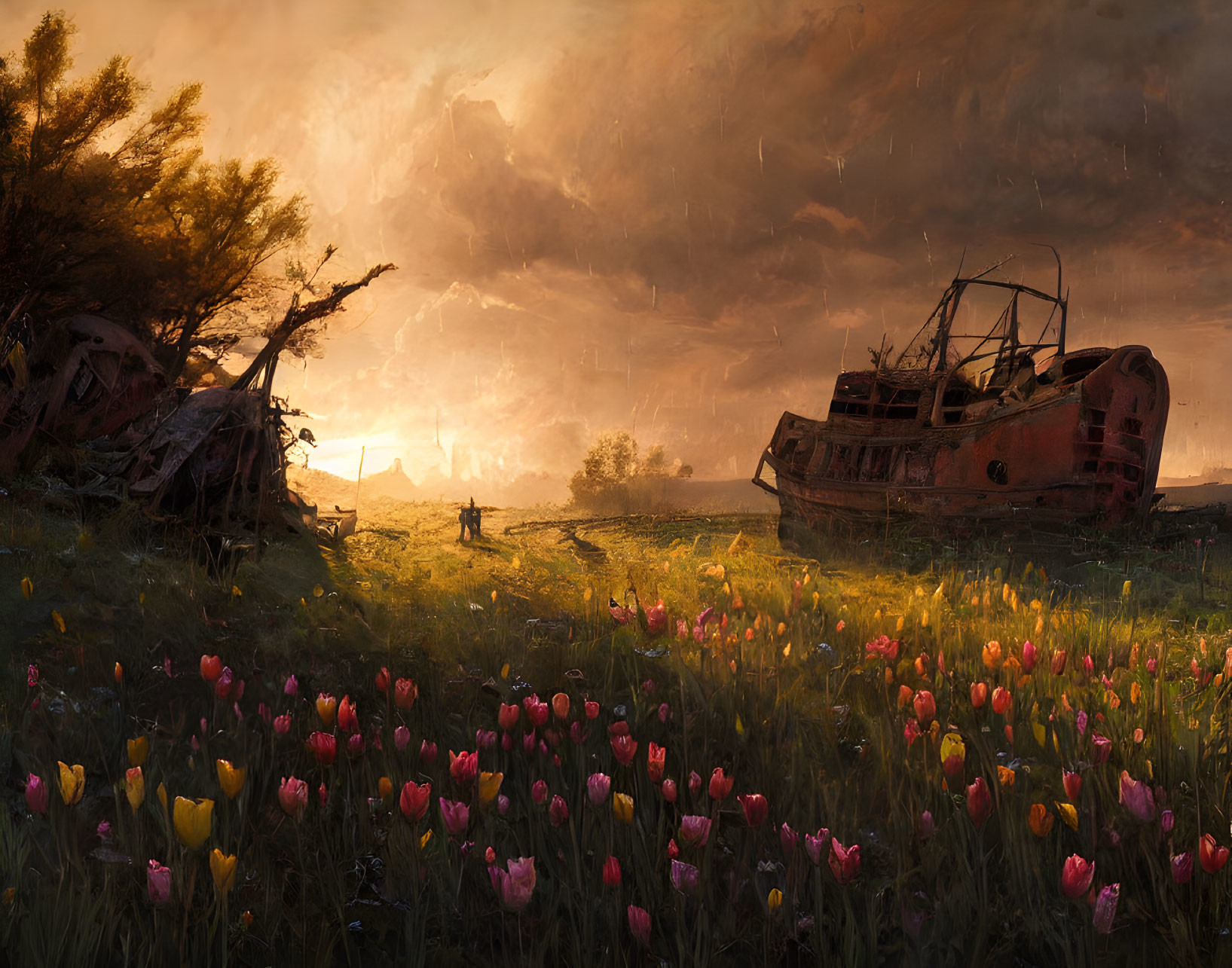 Multicolored tulips field with person near rusting shipwreck under stormy sunset sky