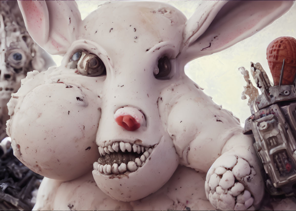 Detailed Stylized Rabbit Character with Scarred Texture and Mechanical Elements