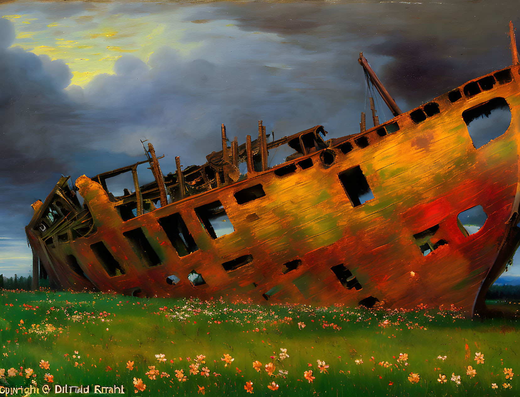 Rusting shipwreck on blooming field under dramatic dusk sky