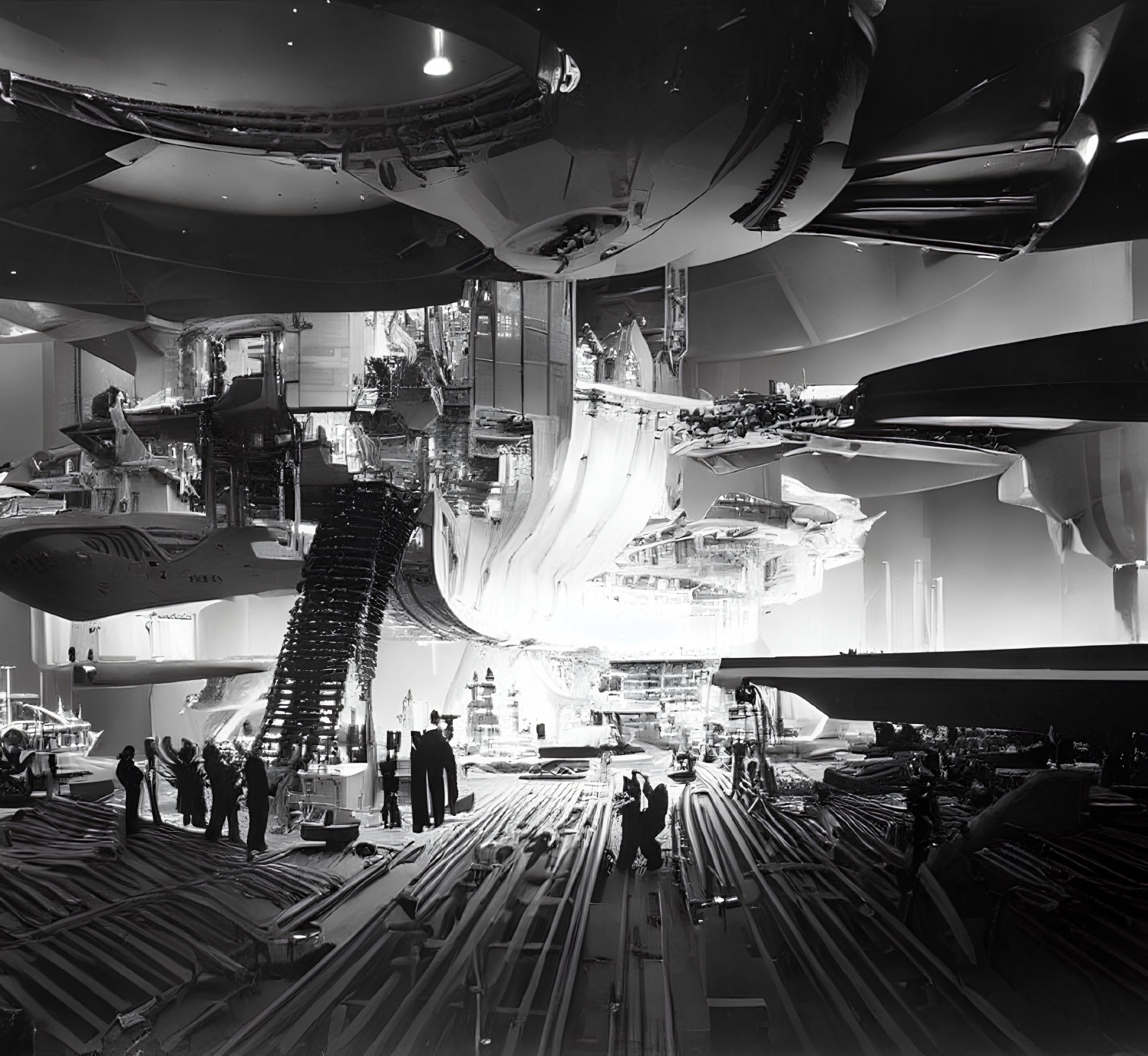 Black and white image of workers constructing a large airplane in a hangar