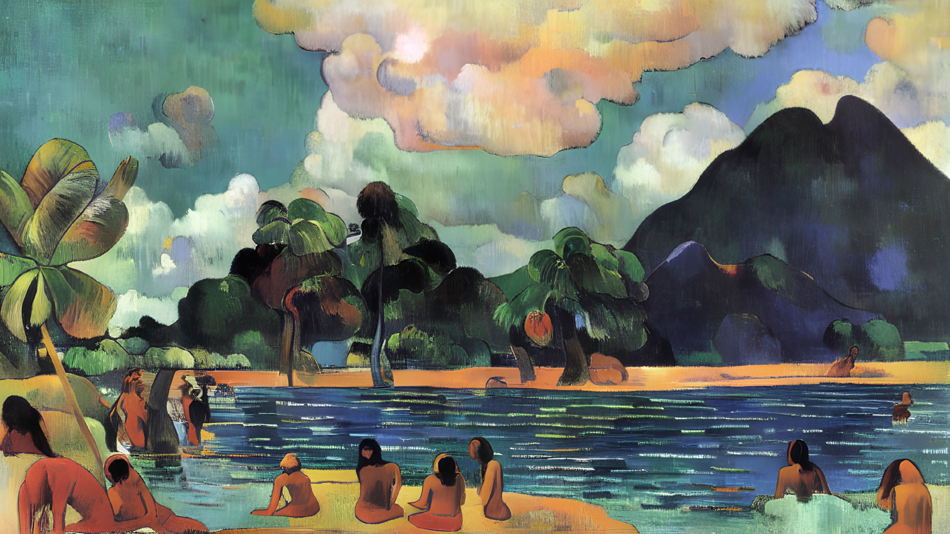 Vibrant Tropical Beach Scene with Swimmers and Mountains
