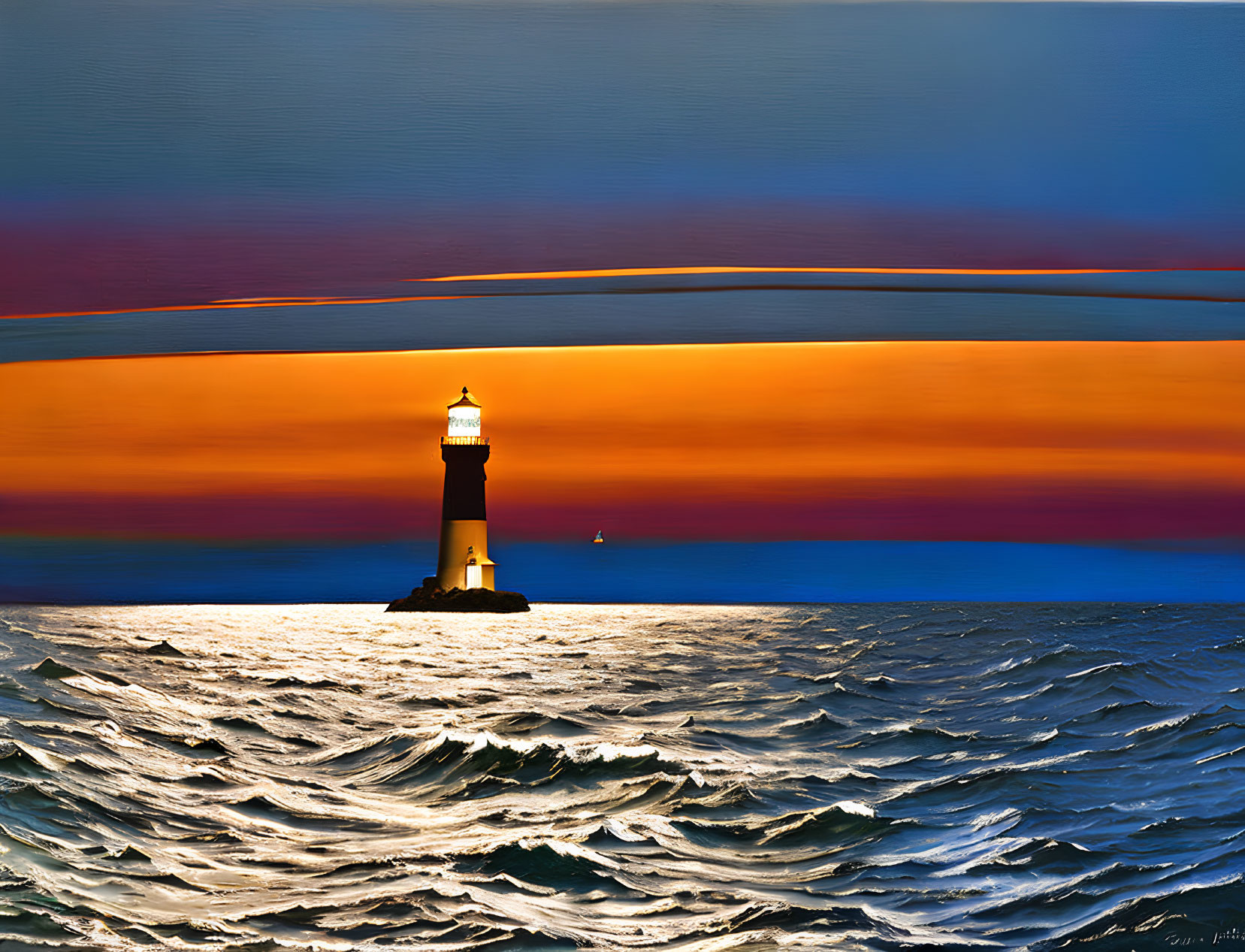 Digitally stylized image of lighthouse on rough seas at vibrant sunset