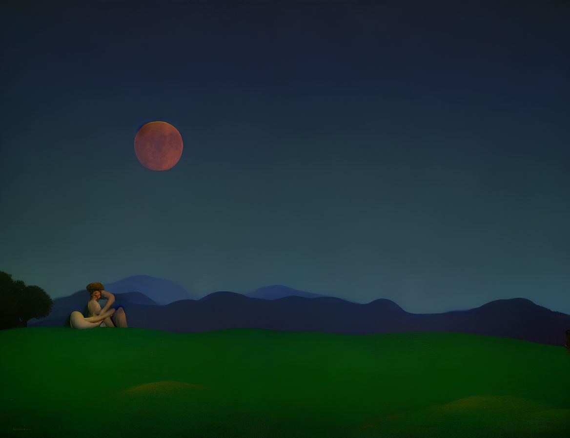 Person sitting under large red moon on grassy knoll