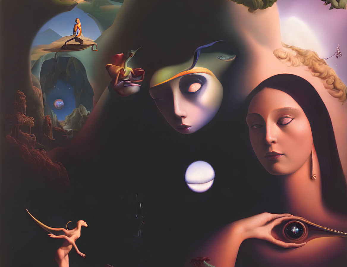 Surrealist painting with female figure, floating orbs, and fantastical landscapes