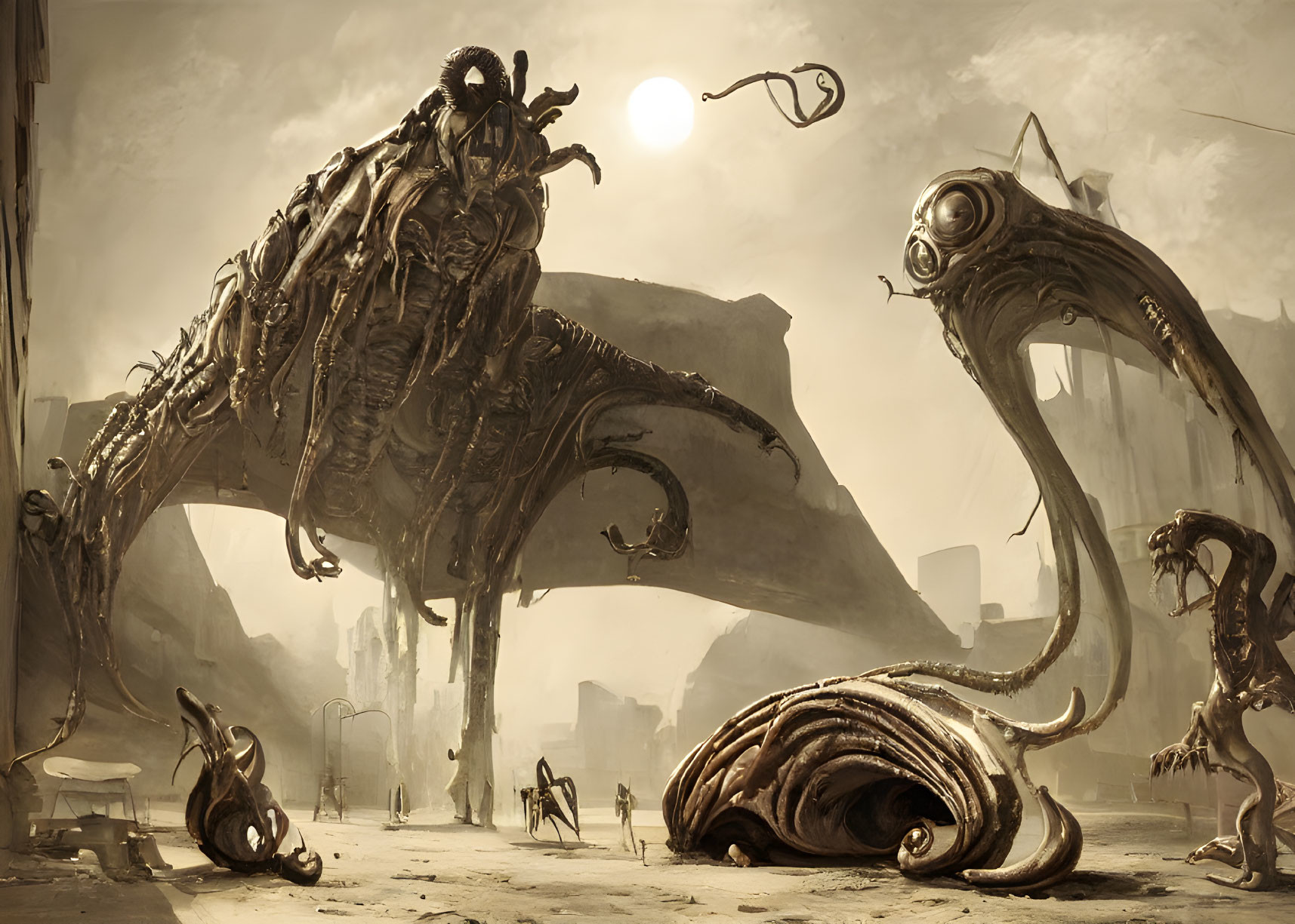 Dystopian scene with alien creatures and humanoid figures in ruins