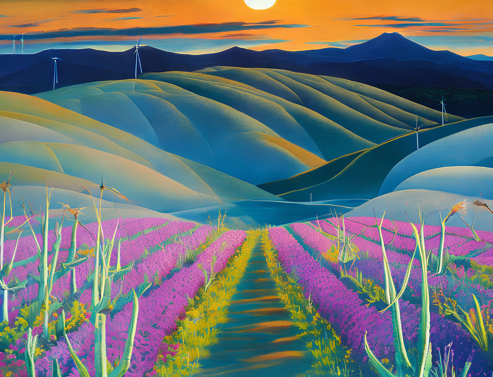 Vibrant sunset painting with hills, flowers, and wind turbines