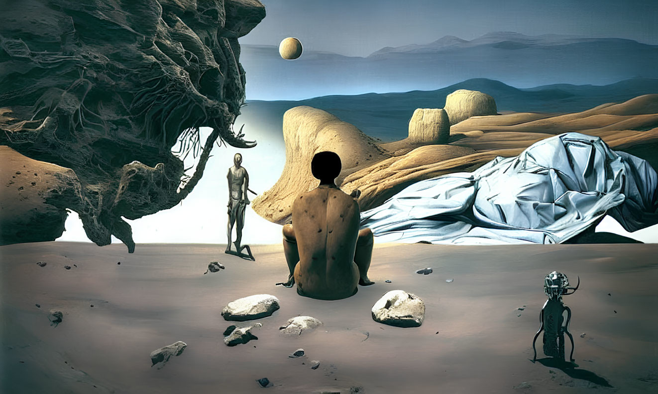 Surreal desert landscape with humanoid figure, draped form, rocks, walking figure, and sphere under