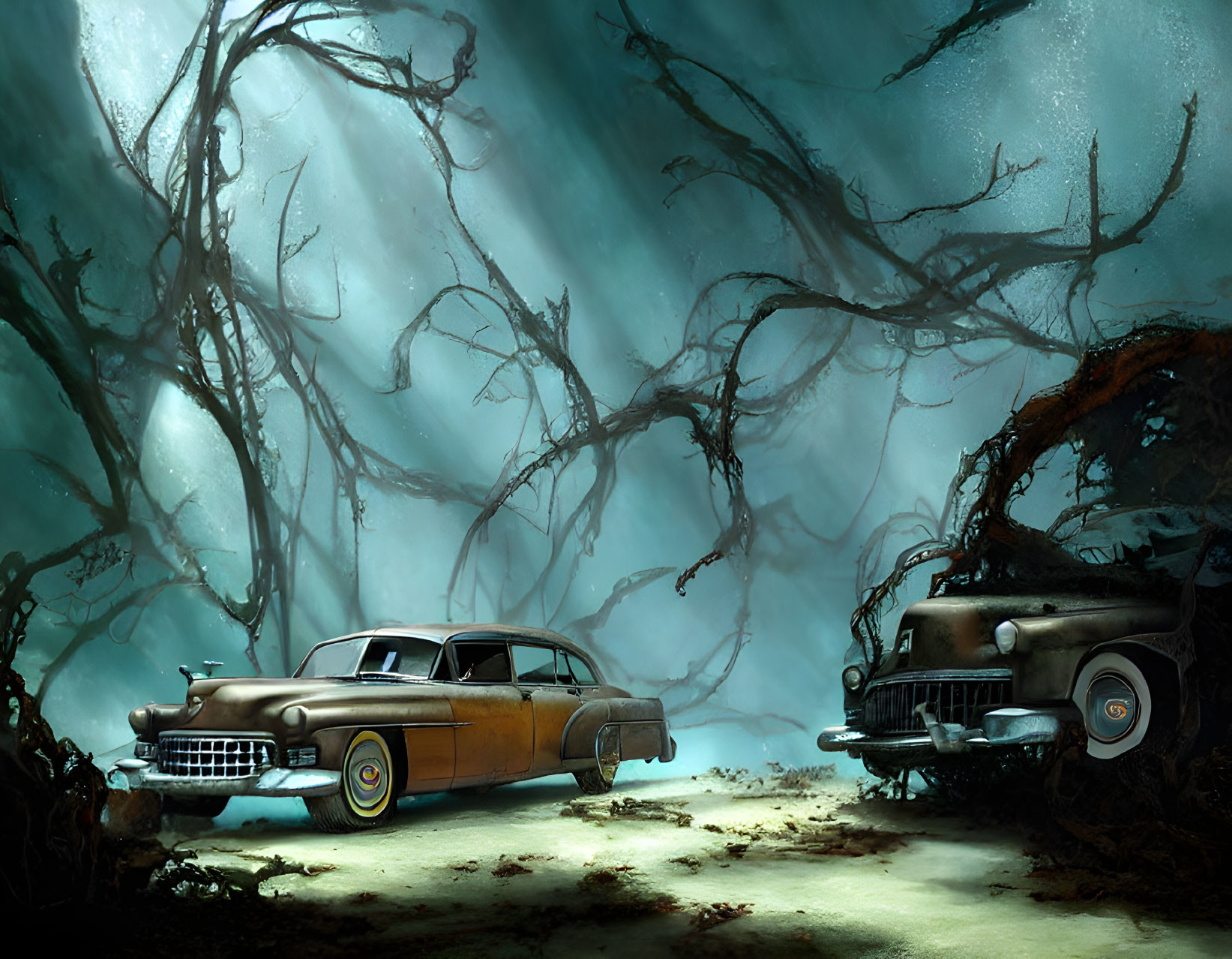 Vintage Cars Abandoned Underwater with Twisted Tree Branches
