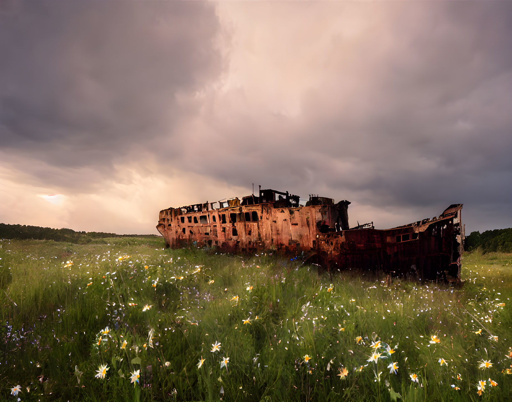Rusted shipwreck in blooming field under dramatic sky