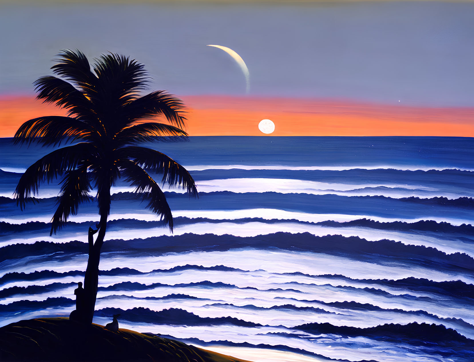 Sunset painting with crescent moon, palm tree silhouette, and layered ocean waves in blue and purple