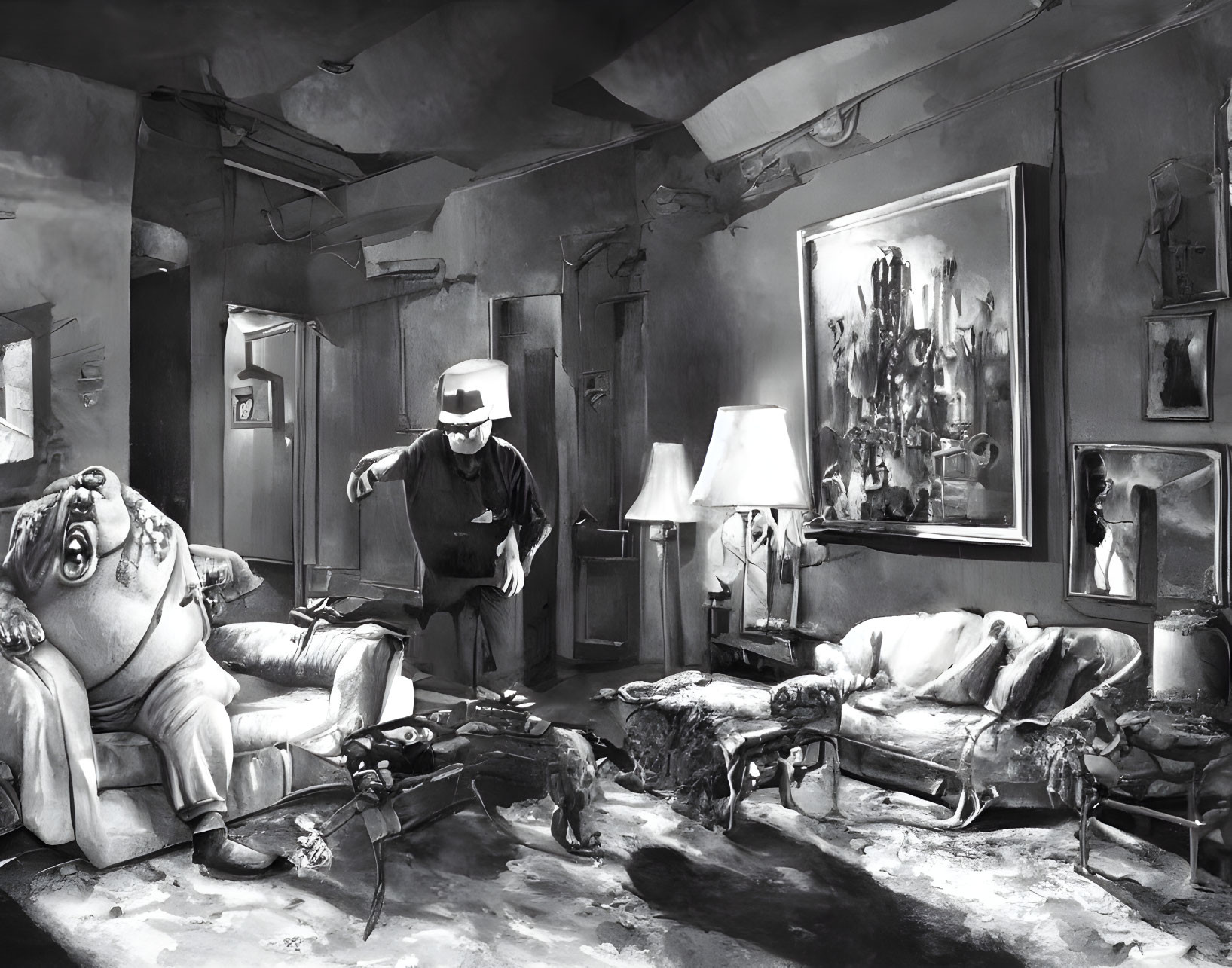 Monochrome illustration of disheveled room with man in hat gesturing to slumped figure