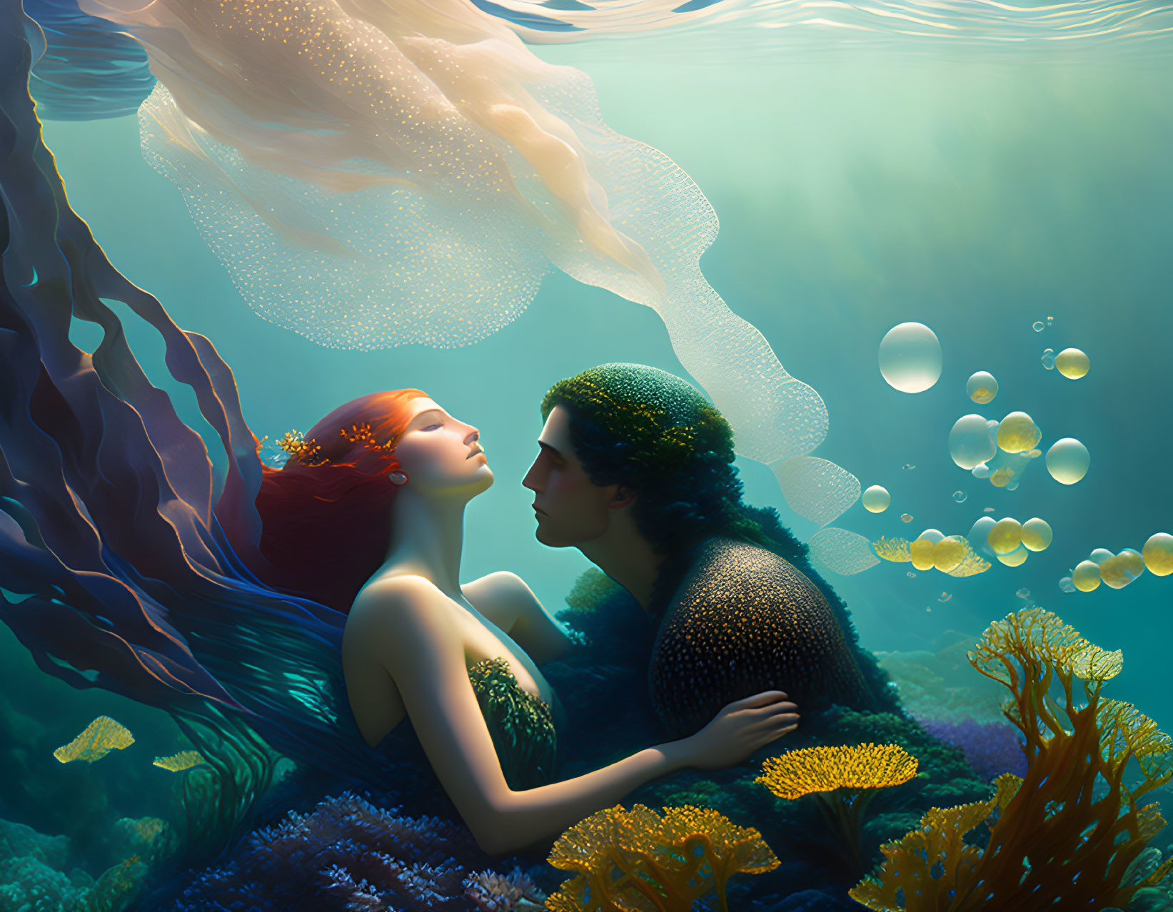 Illustrated underwater scene with embracing ethereal beings, jellyfish, bubbles, vibrant coral