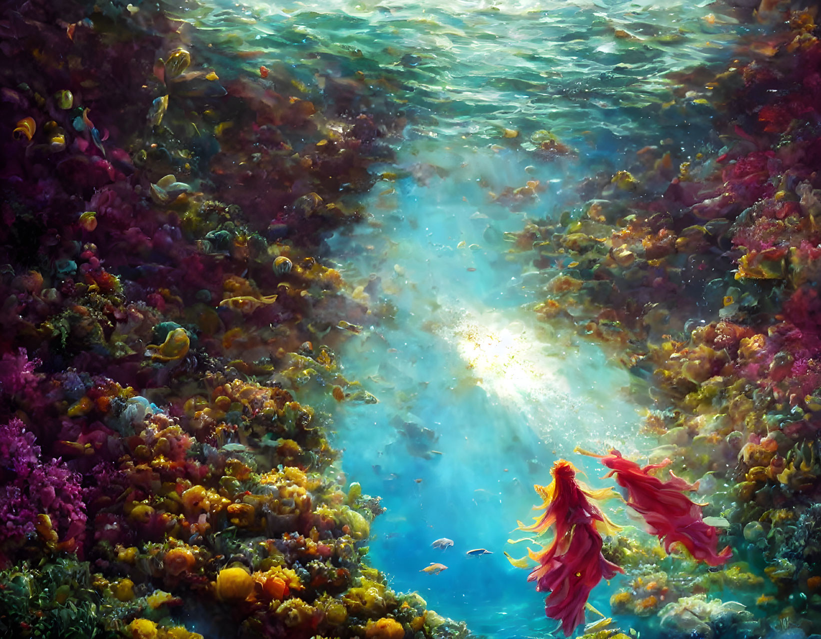 Vibrant coral reefs in colorful underwater scene