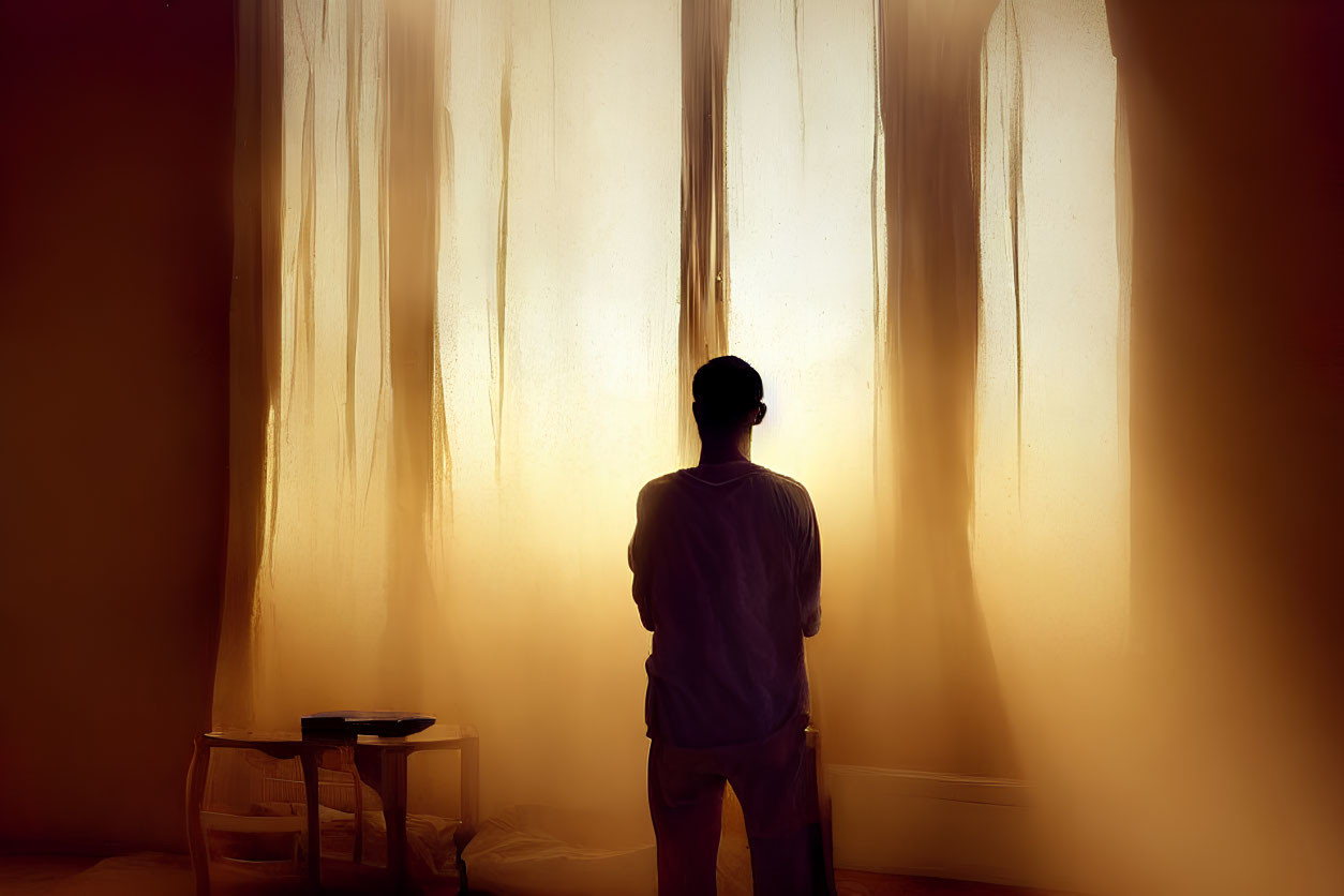 Silhouetted figure in front of translucent curtains with warm backlighting