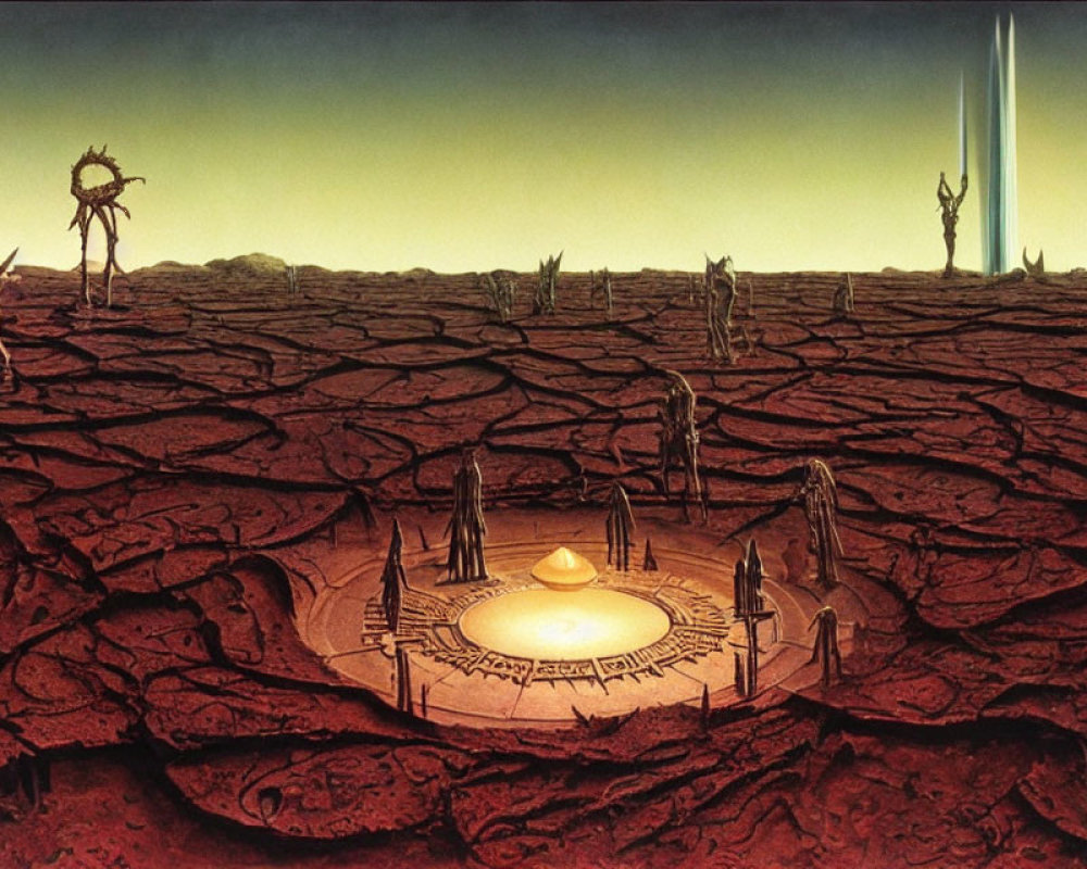Barren landscape with cracked ground and alien structures