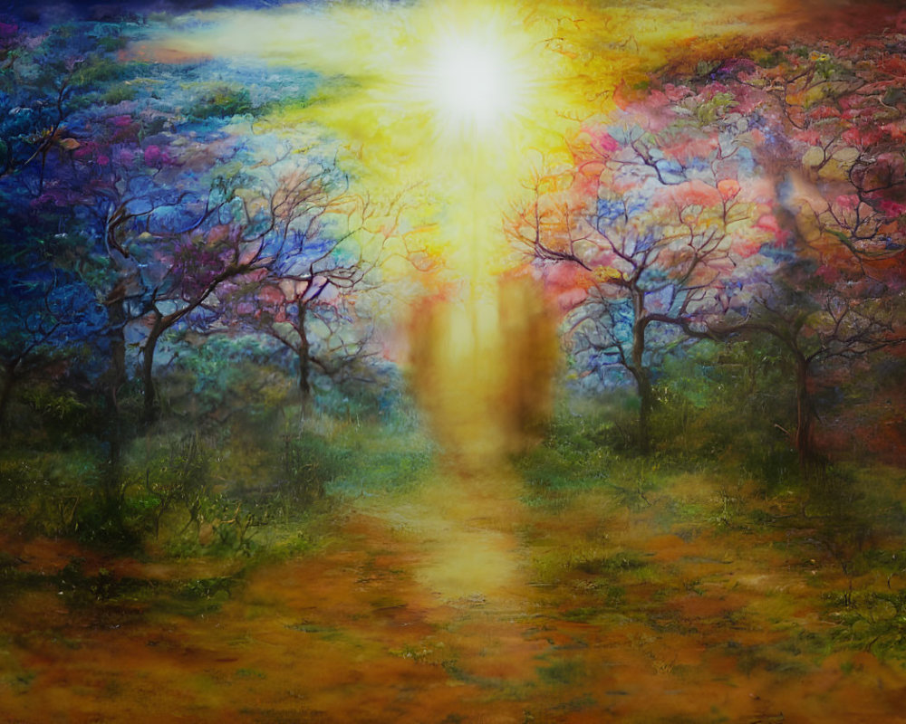 Colorful Forest Painting with Bright Light and Mystical Pathway