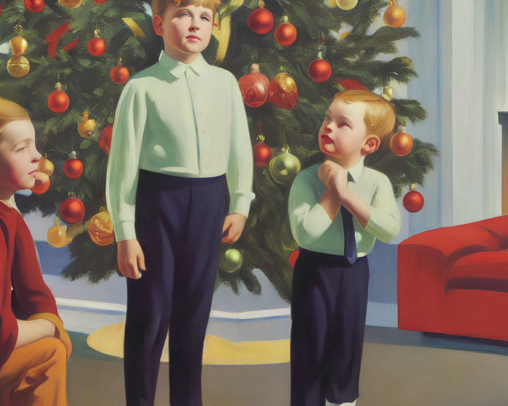 Three boys in formal attire by a decorated Christmas tree