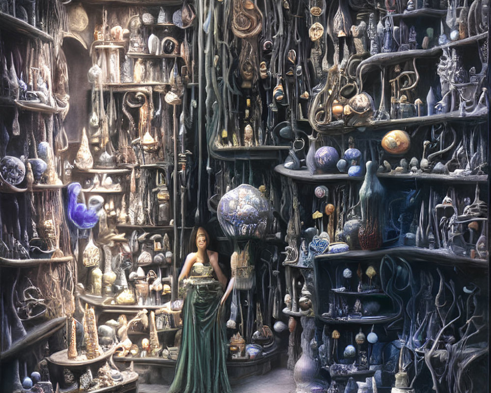 Woman in green dress surrounded by mystical artifacts and potions in magical chamber