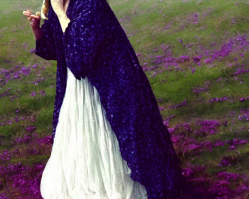 Figure in White Dress and Blue Cloak with Object in Purple Flower Field