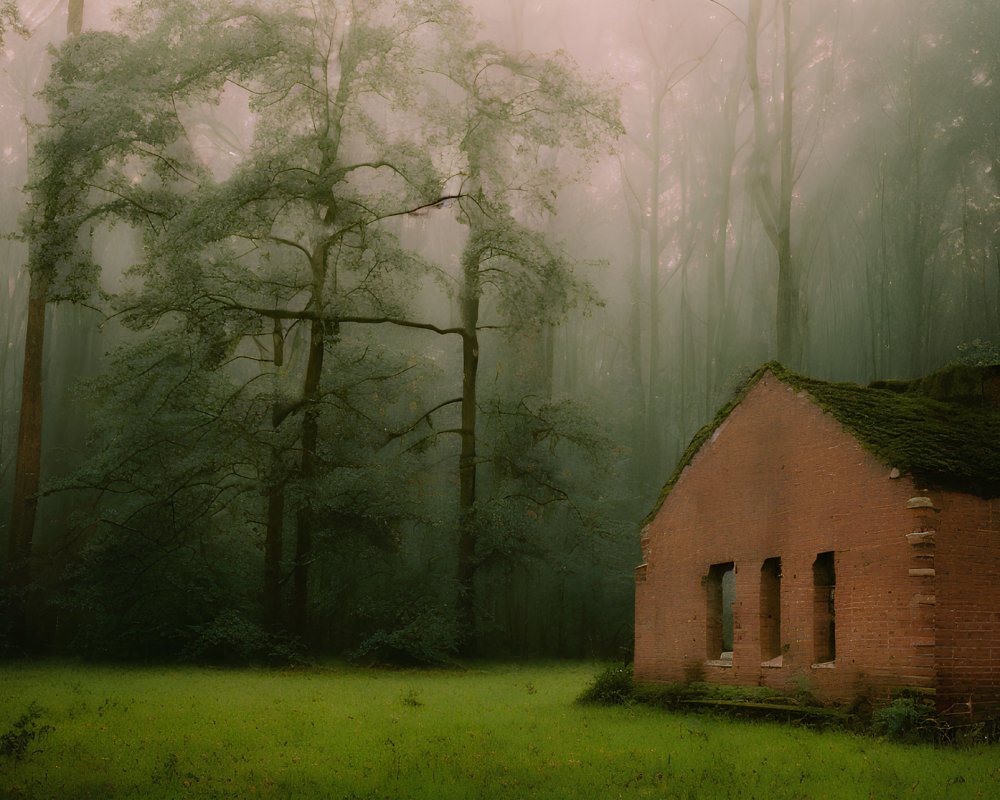 Abandoned red brick building in misty forest with moss and tall trees