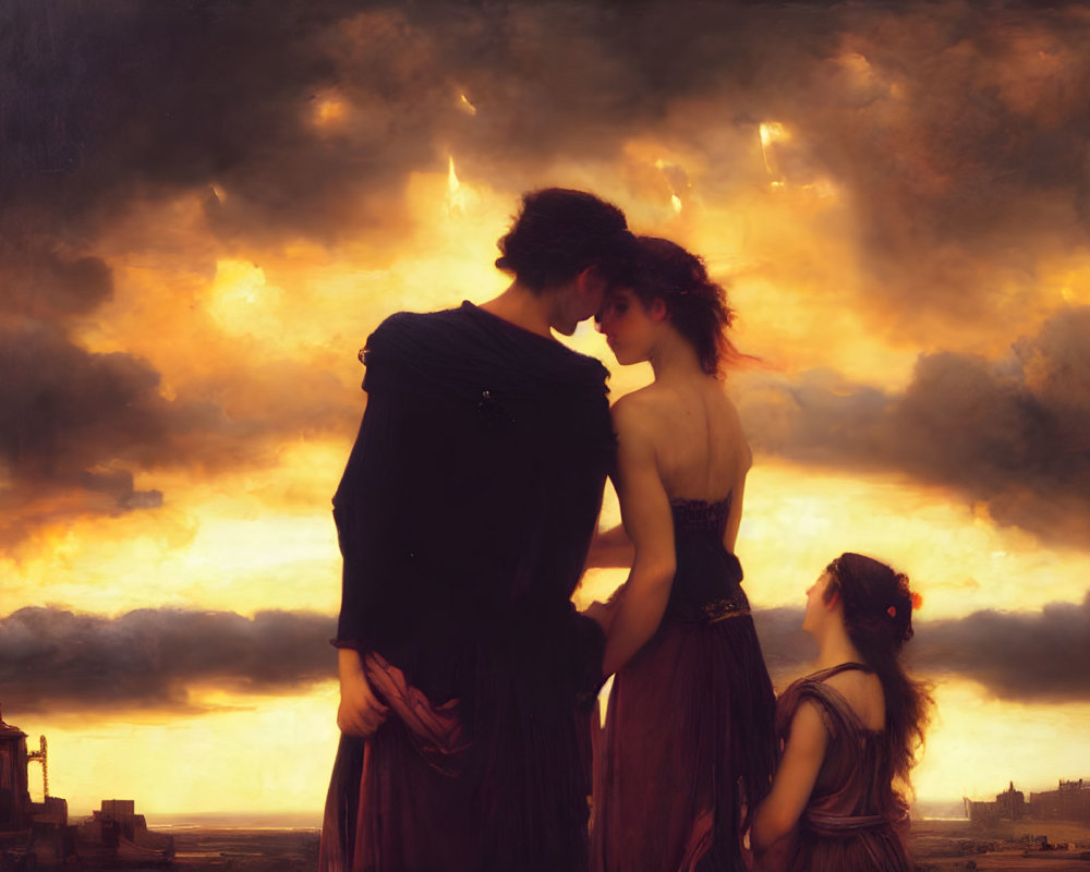 Three people in classical attire against dramatic sunset sky