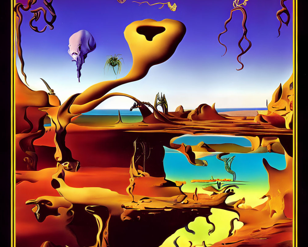 Vibrant surreal landscape with floating objects and distorted tree-like formations