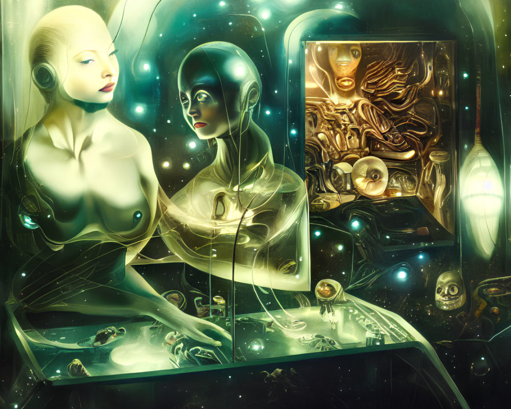 Stylized female figures in gold and teal hues with futuristic elements and intricate details