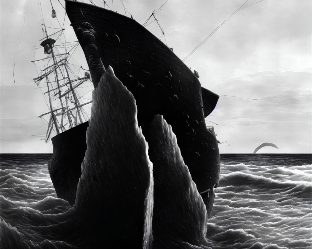 Grayscale image of sailing ship in stormy sea with whale flukes and crescent moon