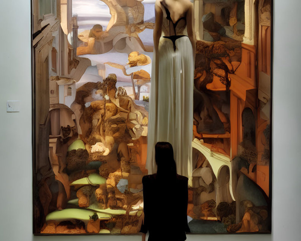 Person in dark outfit contemplates surreal architectural painting