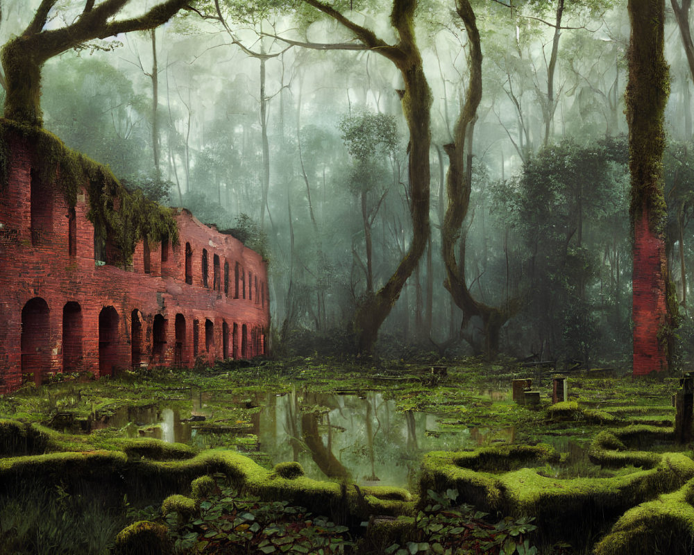 Moss-Covered Brick Building in Misty Forest with Pond